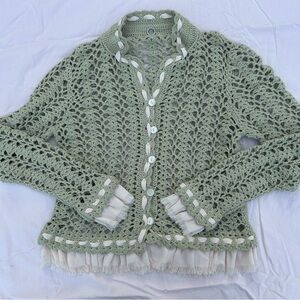 Anthropologie One Girl Who Green Crochet Long Sleeve Top Cardigan, Boho Coquette